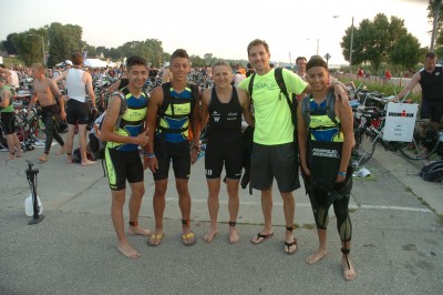 The V.A.D. boys pre race.  Victor, Alonzo and David,  three high school youth  took on the challenge of competing in the Racine Ironman 70.3 for charity.  They are racing to support substance abuse prevention and are raising money to support prevention efforts in their community including: teen mentor programs, youth empowerment and education programs and family strengthening programs. They were able to compete with huge support from the local tri club sTRIve.  How good is triathlon!